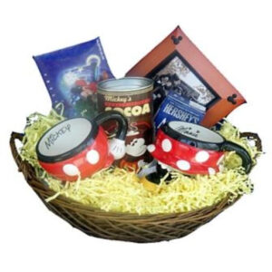 Disney gift basket with two coffee mugs and assorted chocolate products